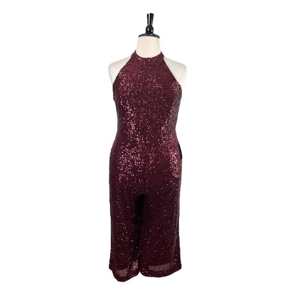 Forest Lily NEW Jumpsuit Sequin Wide Leg Crop Halter Neck Red Women’s Size 14 - Picture 2 of 15